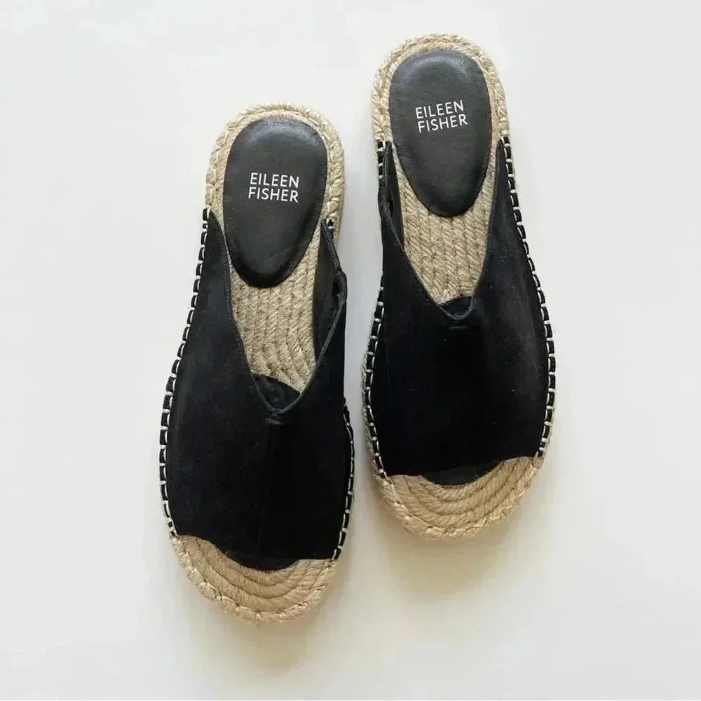 Eileen Fisher Milly Tumbled Nubuck Espadrille Black Sandal Size 7